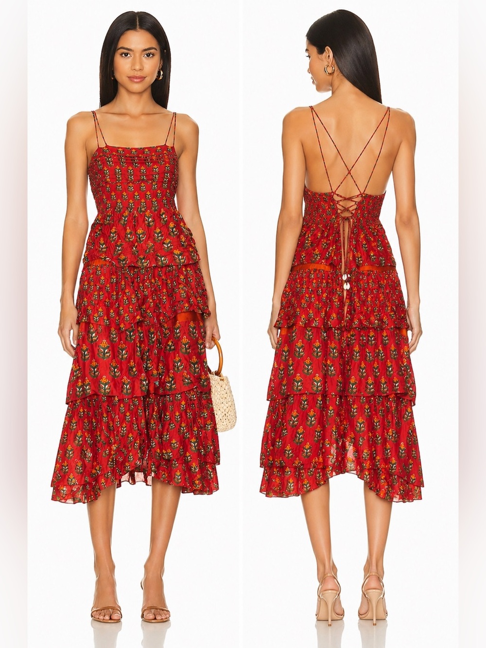 Maxime Zeaberg Toronto Red Floral Tiered Midi Dress Adjustable Back Small Large